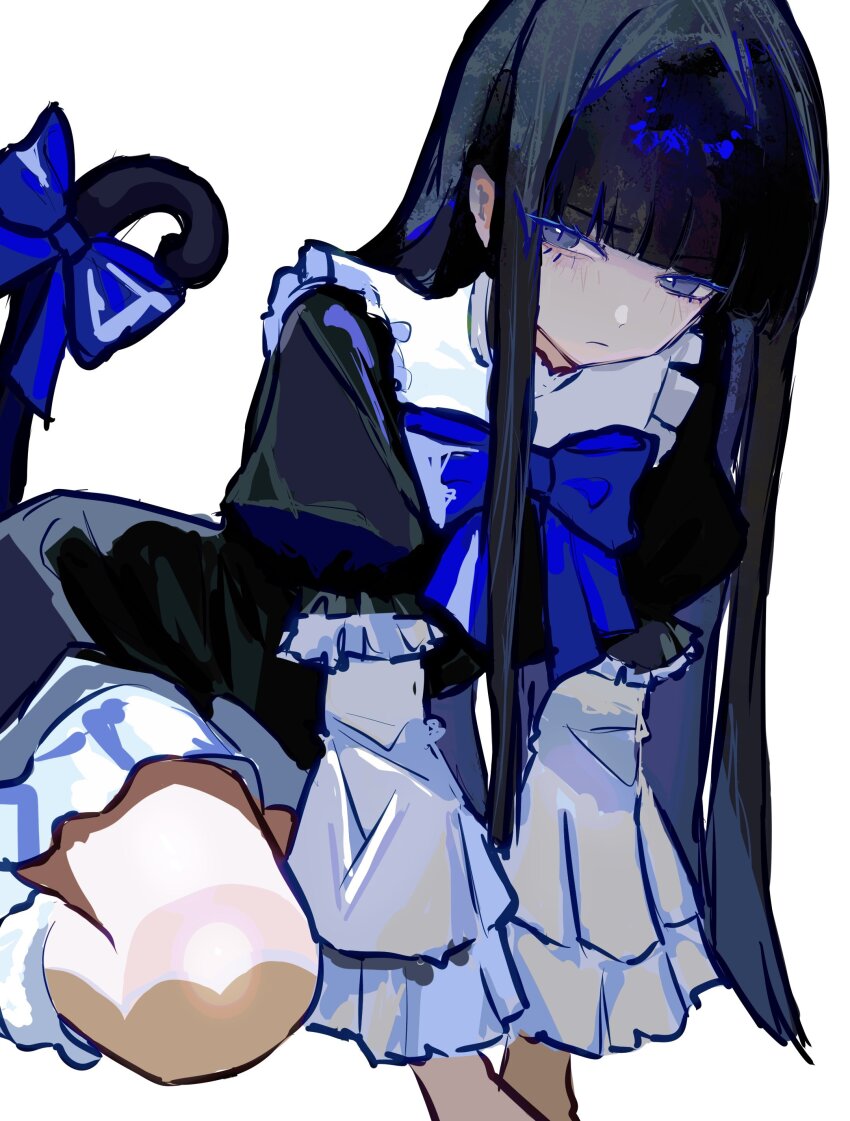 1girl, :/, absurdres, black_dress, black_hair, blue_bow, blue_bowtie, blunt_bangs