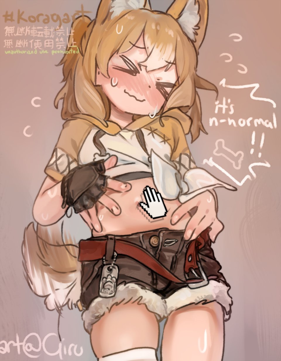 >_<, 1girl, animal_ears, belly, belly_rub, blonde_hair, blush, closed_eyes, dog_ears, dog_tail, embarrassed, fingerless_gloves, girutea, gloves, hands_on_own_hips, highres, indie_virtual_youtuber, koragi, short_twintails, shorts, simple_background, smile, solo, speech_bubble, sweat, sweatdrop, tail, tail_wagging, thighhighs, thighs, twintails, unbuttoned, unbuttoned_pants, virtual_youtuber