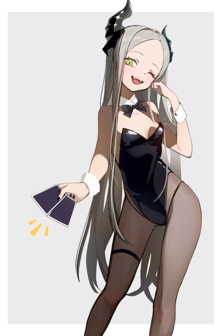 1girl, absurdres, black_horns, black_nails, breasts, card, fangs, forehead