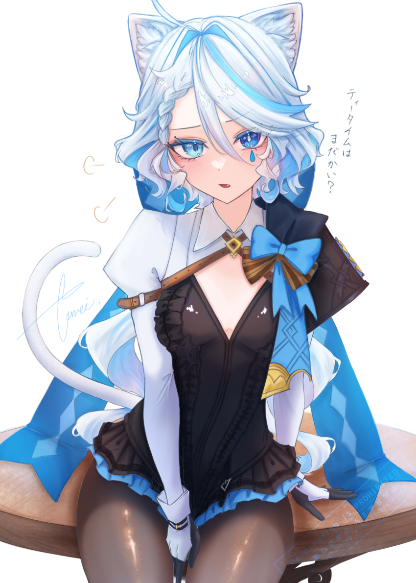 1girl, animal_ears, black_leotard, black_pantyhose, blue_bow, blue_eyes, blue_hair, blue_ribbon