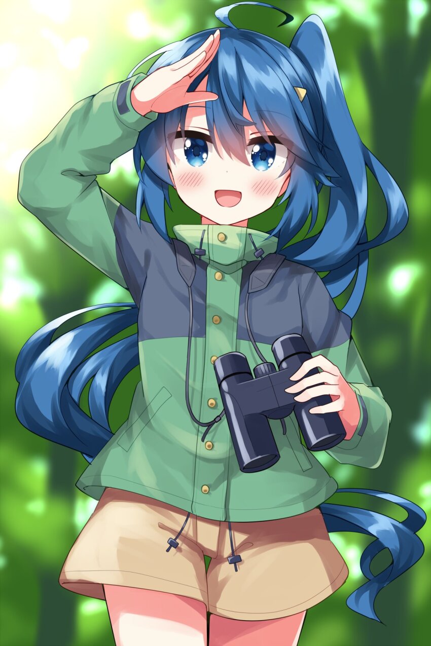 1girl, :d, ahoge, arm_up, binoculars, blue_hair, blurry, blurry_background