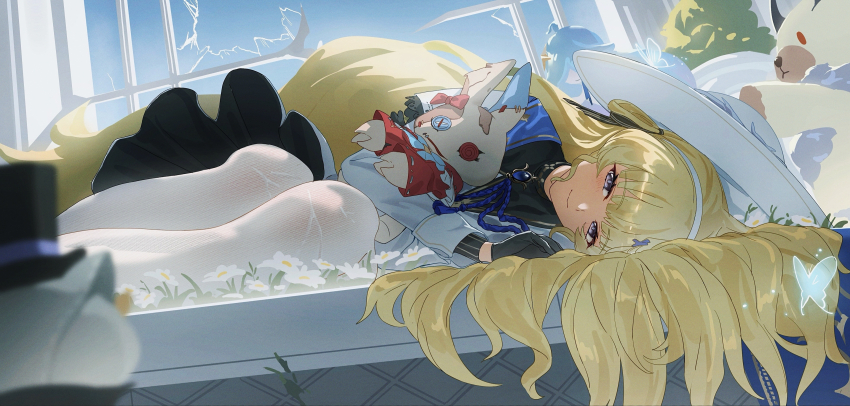 1girl, absurdres, black_collar, black_gloves, blonde_hair, blue_butterfly, blue_sky, broken_window