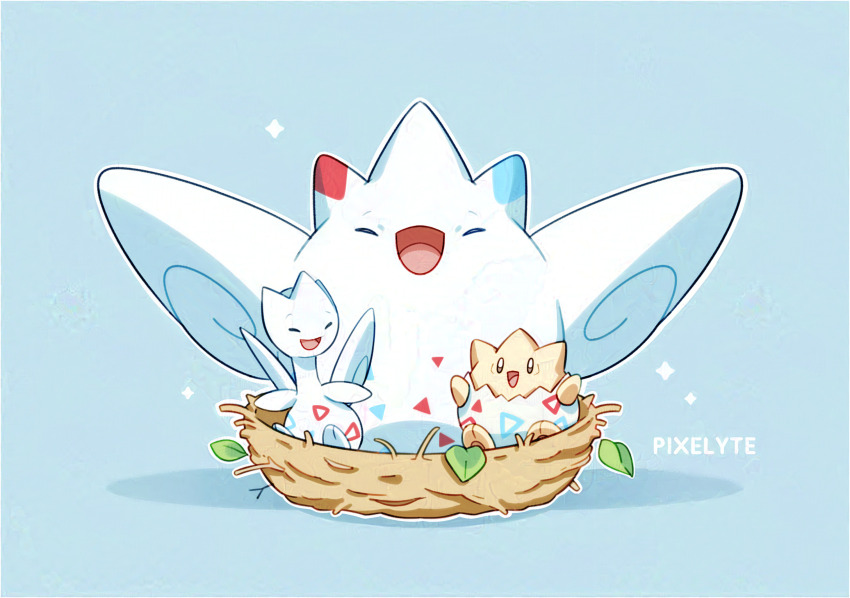 :d, animal_focus, arms_up, artist_name, bird_nest, blue_background, closed_eyes, commentary, english_commentary, evolutionary_line, gen_2_pokemon, gen_4_pokemon, highres, leaf, nest, nintendo, no_humans, open_mouth, outline, pixelyte, pokemon, pokemon_(creature), pokemon_focus, simple_background, sitting, smile, sparkle, togekiss, togepi, togetic, white_outline, wings