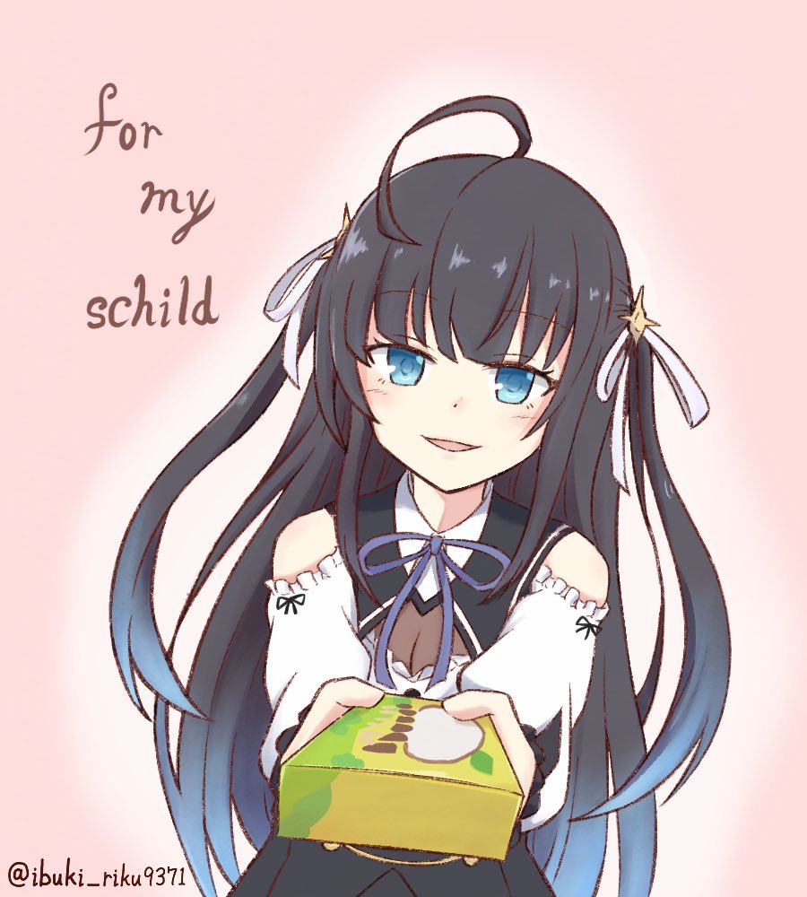 1girl, ahoge, assault_lily, bare_shoulders, black_hair, black_ribbon, black_skirt, blue_eyes