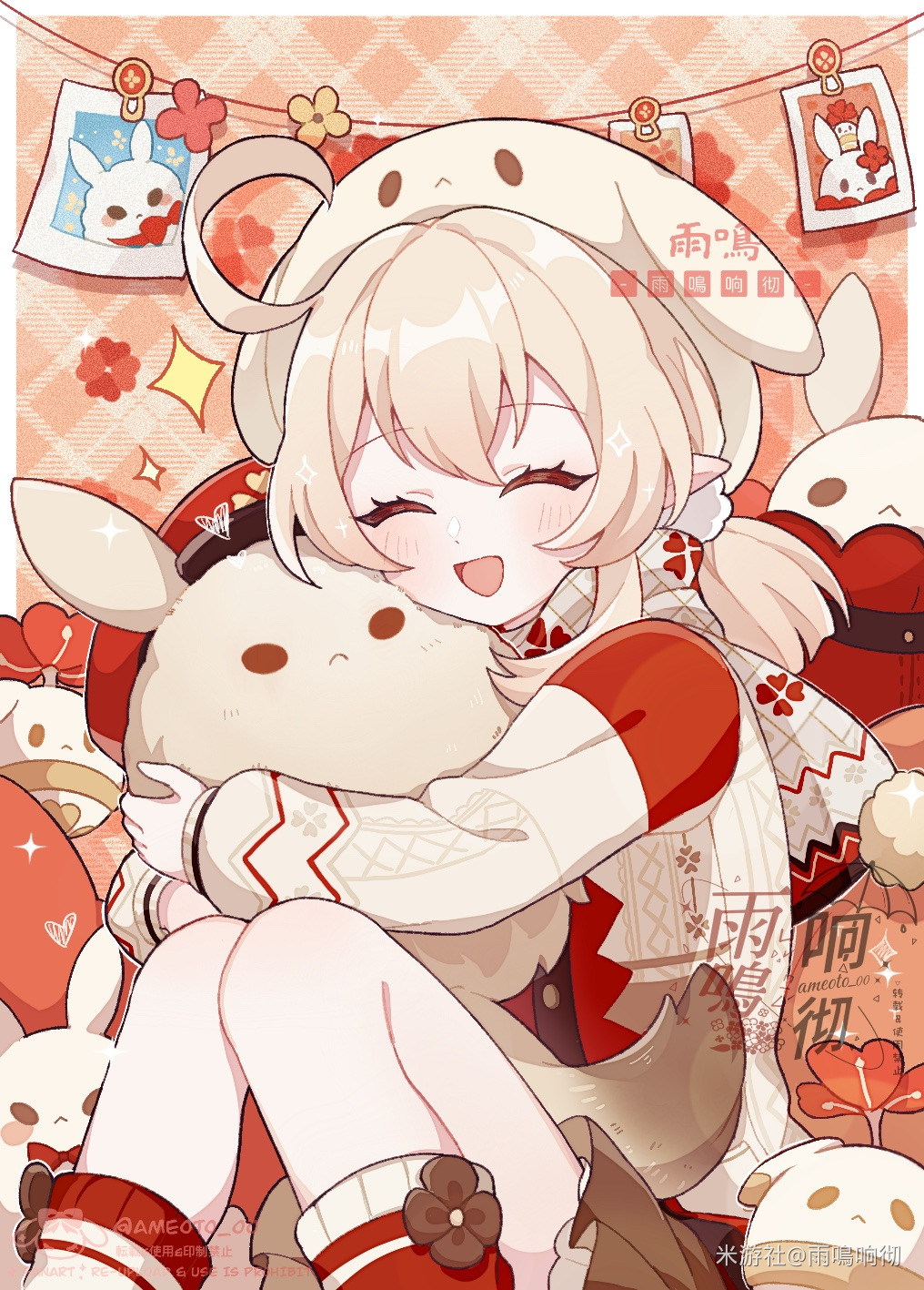 1girl, :d, ^_^, ahoge, ameoto_00, animal_hat, artist_name, blonde_hair