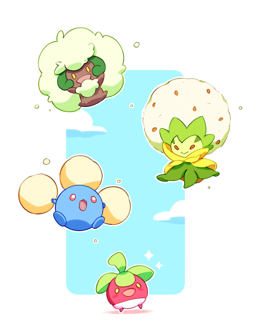 :>, :3, :d, arms_up, blue_sky, bounsweet, brown_eyes, closed_mouth