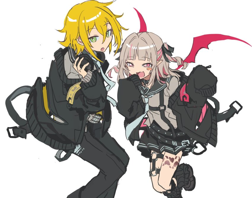 0_scyf, 1boy, 1girl, alternate_costume, animal_collar, bat_wings, belt, black_jacket, black_pants, black_sailor_collar, black_skirt, blonde_hair, blouse, blunt_bangs, brown_hair, collar, colored_inner_hair, floating, green_eyes, grey_shirt, hair_between_eyes, hair_ribbon, headphones, headphones_around_neck, heart_pendant, highres, jacket, leg_tattoo, leg_warmers, looking_at_viewer, makaino_ririmu, miniskirt, multicolored_hair, necktie, nijisanji, off_shoulder, open_mouth, pants, pink_eyes, pink_hair, pleated_skirt, pointy_ears, ribbon, sailor_collar, shirt, short_hair, simple_background, sitting, sketch, skirt, sleeves_past_fingers, sleeves_past_wrists, smile, tattoo, two-tone_hair, two_side_up, uzuki_kou, virtual_youtuber, white_background, white_necktie, winged_heart, winged_heart_tattoo, wings