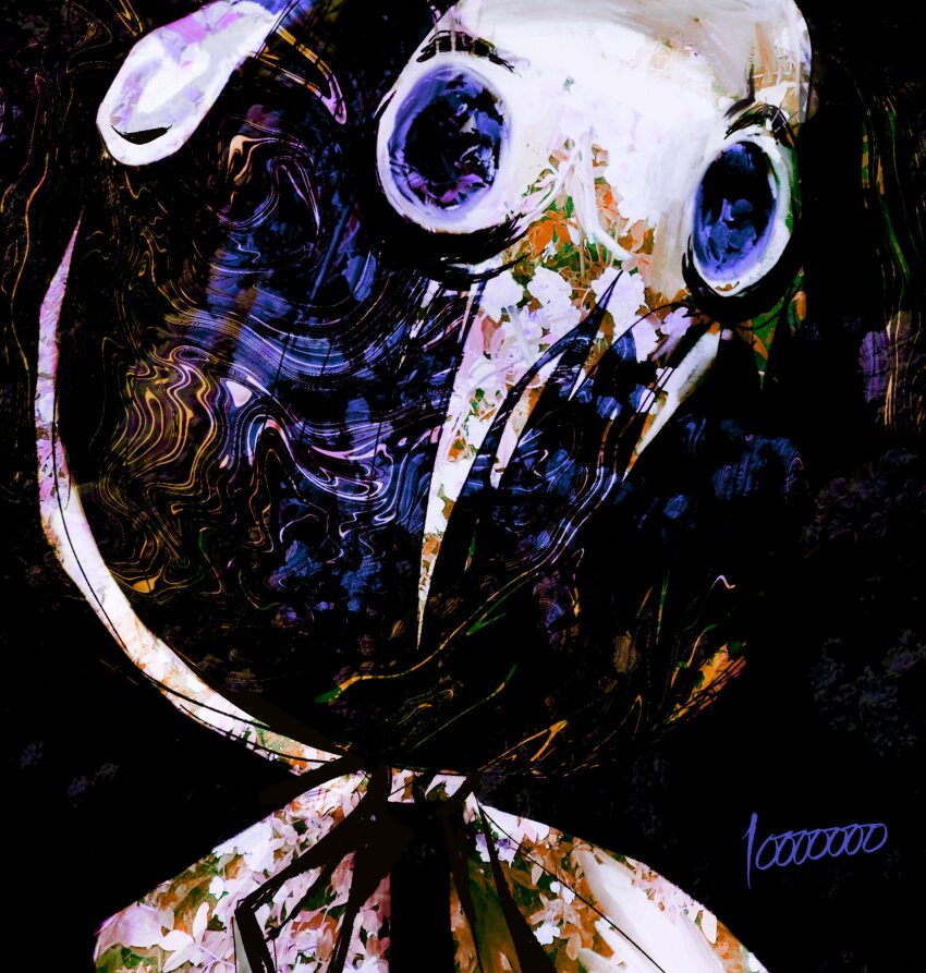 1girl, bad_id, bad_twitter_id, black_hair, blending, blue_eyes, bow, close-up, hair_bow, hairband, highres, looking_at_viewer, milestone_celebration, solo, unnamed_girl_(x0o0x), upside-down, white_bow, white_hairband, x0o0x_(utaite), yu_(stdio_nameraka)