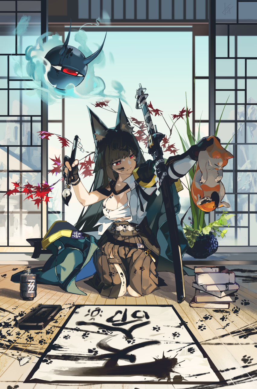 1girl, animal, animal_ear_fluff, animal_ears, black_gloves, black_hair, black_skirt, book