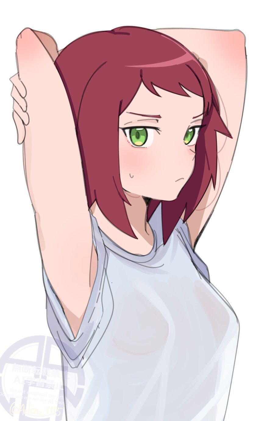 1girl, absurdres, arlcn_(arlcn_1115), arms_behind_back, breasts, brown_hair, green_eyes, highres