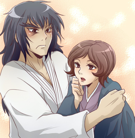 1boy, 1girl, black_hair, blush, brown_hair, devilman, japanese_clothes, long_hair, lowres, mazinger_(series), mazinger_z, nishikiori_tsubasa, tagme, toei_company, violence_jack