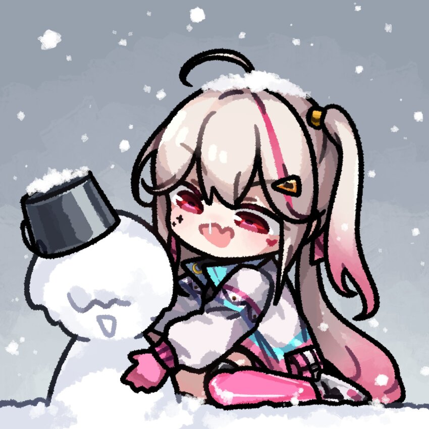 1girl, blonde_hair, bucket, character_snowman, commander_(nikke), exotic_(nikke), facial_tattoo, fang