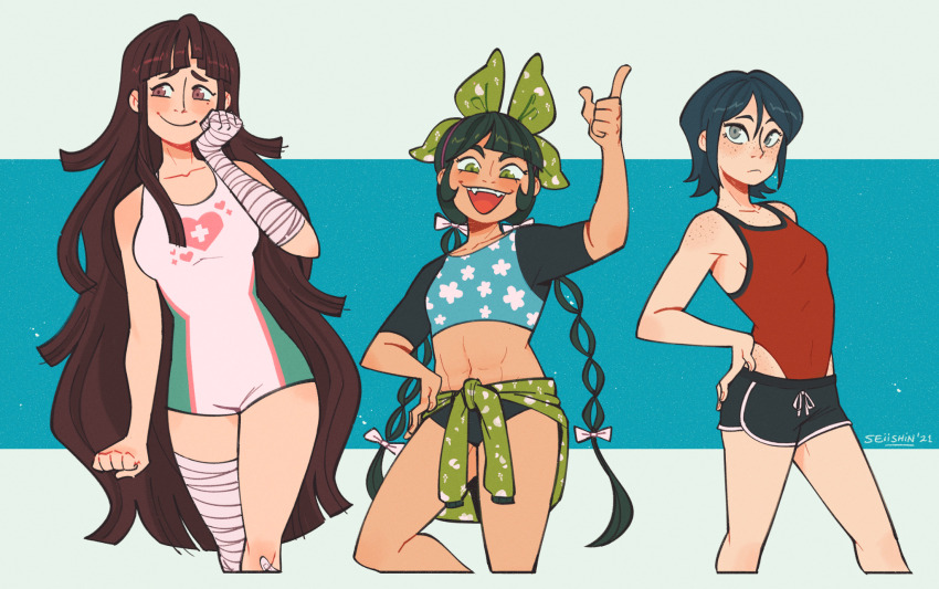 3girls, :d, abs, alternate_costume, artist_name, bandaged_arm, bandaged_leg, bandages