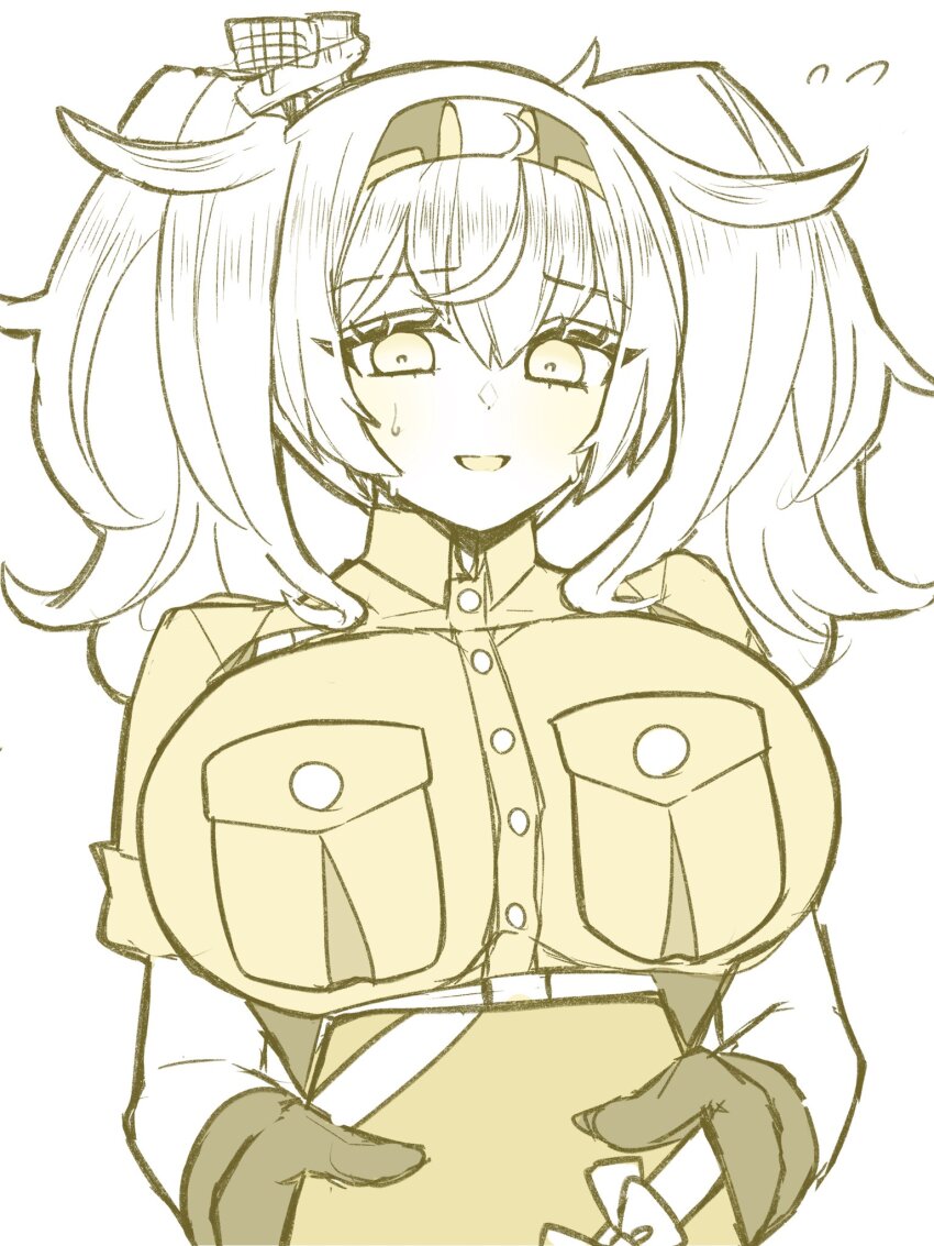 1girl, blush, box, breast_pocket, breasts, collared_shirt, flying_sweatdrops, gambier_bay_(kancolle)