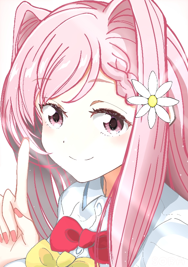 1girl, bow, bowtie, braid, closed_mouth, collared_shirt, flower, hair_flower