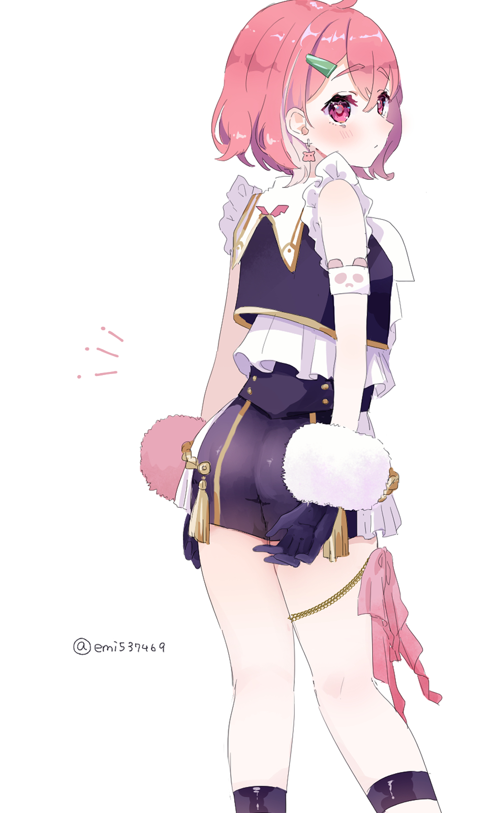 1girl, aiguillette, ankle_strap, armband, ass, blue_gloves, blue_jacket, blue_shorts