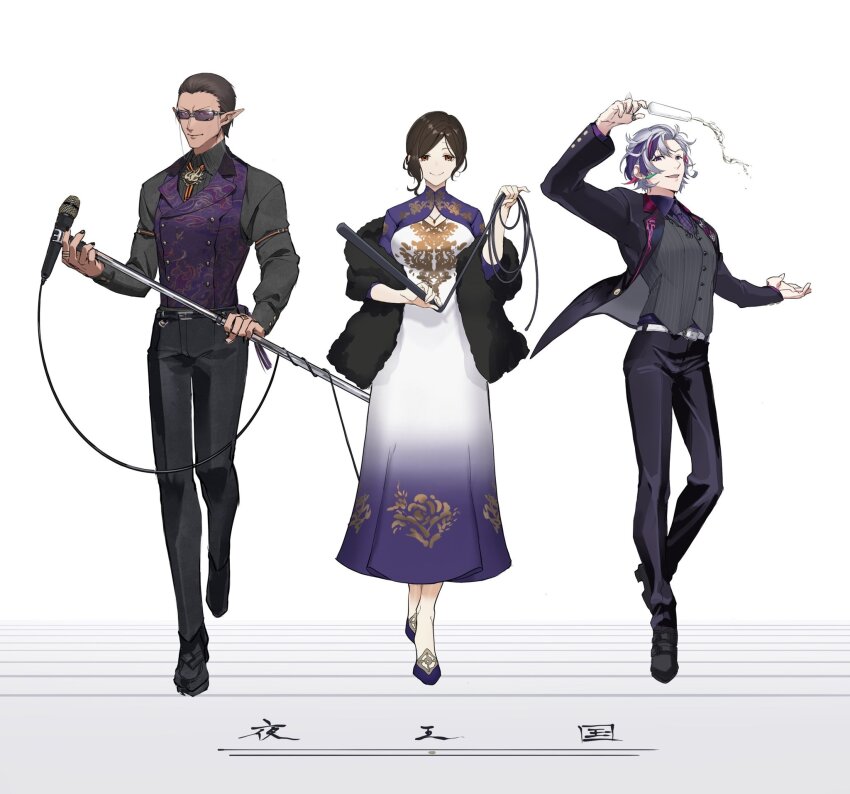 1girl, 2boys, belt, black_belt, black_pants, black_shoes, black_suit, brown_hair