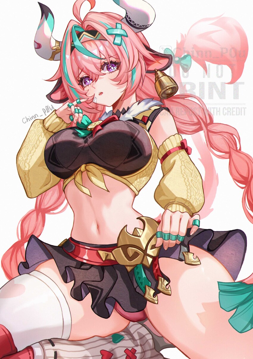 1girl, absurdres, animal_ears, artist_name, black_shirt, black_skirt, braid, breasts, chinnpou, commentary, detached_sleeves, genshin_impact, hair_between_eyes, hair_intakes, headband, highres, horns, jewelry, large_breasts, long_hair, looking_at_viewer, low_twin_braids, miniskirt, multicolored_hair, multiple_rings, navel, panties, parted_lips, pink_panties, purple_eyes, ring, ring_on_every_finger, shirt, sitting, skirt, socks, solo, stomach, streaked_hair, thighhighs, tied_shirt, twin_braids, underwear, varesa_(genshin_impact), very_long_hair, white_horns, white_socks, white_thighhighs, yellow_sleeves