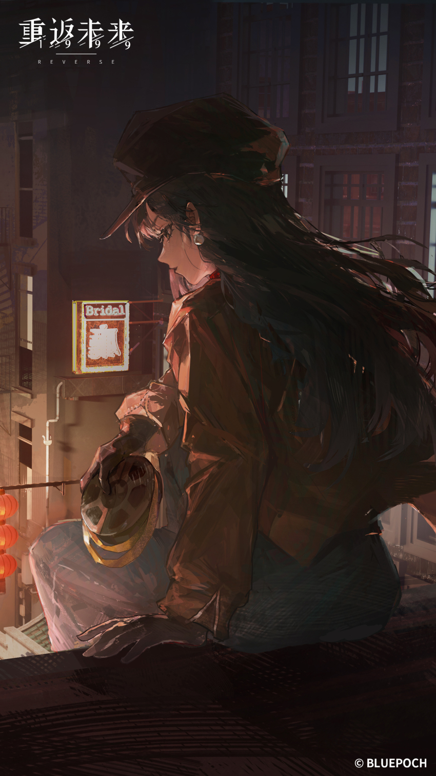 1girl, absurdres, arm_support, black_gloves, black_hair, blue_pants, brown_eyes, brown_hat, brown_jacket, building, newsboy_cap, city, cityscape, copyright_name, copyright_notice, denim, earrings, feet_out_of_frame, film_reel, from_behind, gloves, hat, highres, holding, jacket, jeans, jewelry, logo, long_hair, looking_down, neon_lights, night, official_art, official_wallpaper, on_roof, outdoors, pants, pearl_earrings, profile, qi_xing_(reverse:1999), reverse:1999, sign, sitting, sitting_on_roof, solo