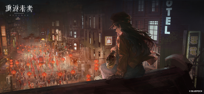 1girl, arm_support, black_gloves, black_hair, blue_pants, brown_eyes, brown_hat, brown_jacket, building, newsboy_cap, city, cityscape, copyright_name, copyright_notice, crowd, denim, earrings, feet_out_of_frame, film_reel, fire_escape, flag, from_behind, gloves, hat, highres, holding, jacket, jeans, jewelry, lantern, logo, long_hair, looking_down, neon_lights, night, official_art, official_wallpaper, on_roof, outdoors, paifang, pants, paper_lantern, parade, pearl_earrings, people, profile, qi_xing_(reverse:1999), reverse:1999, road, sign, sitting, sitting_on_roof, street
