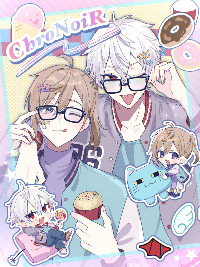 2boys, :q, adjusting_eyewear, ahoge, akrngo_0708, angel_wings, blue_eyes, blue_shirt