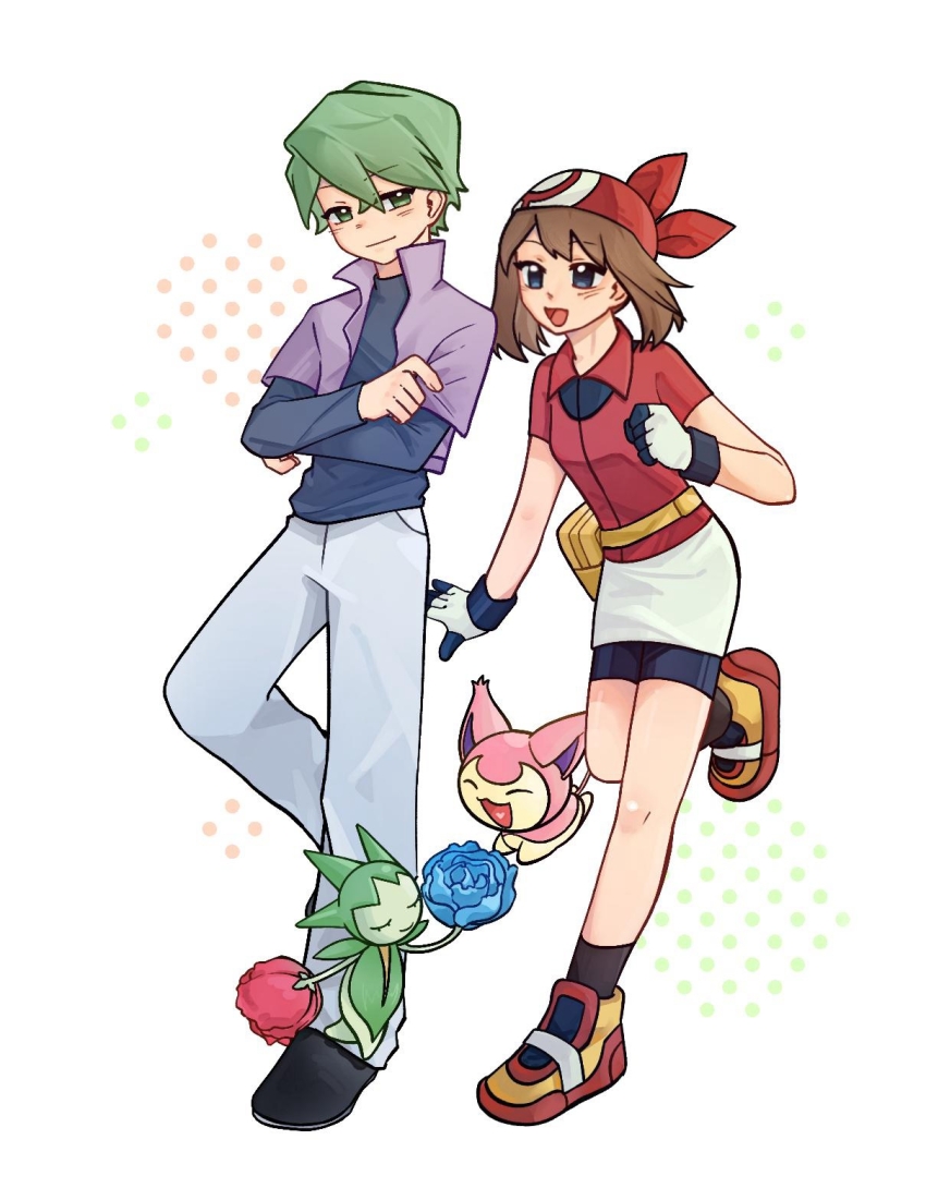 1boy, 1girl, bike_shorts, bike_shorts_under_skirt, black_shoes, blush, brown_hair, clenched_hand