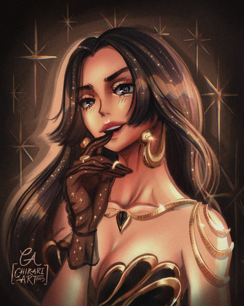 1girl, black_gloves, black_hair, blush, boa_hancock, breasts, chikariart, cleavage, collarbone, commentary, dress, earrings, english_commentary, gloves, highres, jewelry, large_breasts, long_hair, looking_at_viewer, makeup, mascara, one_piece, ring, sidelocks, smile, snake_earrings, solo, strapless, strapless_dress, upper_body, watermark