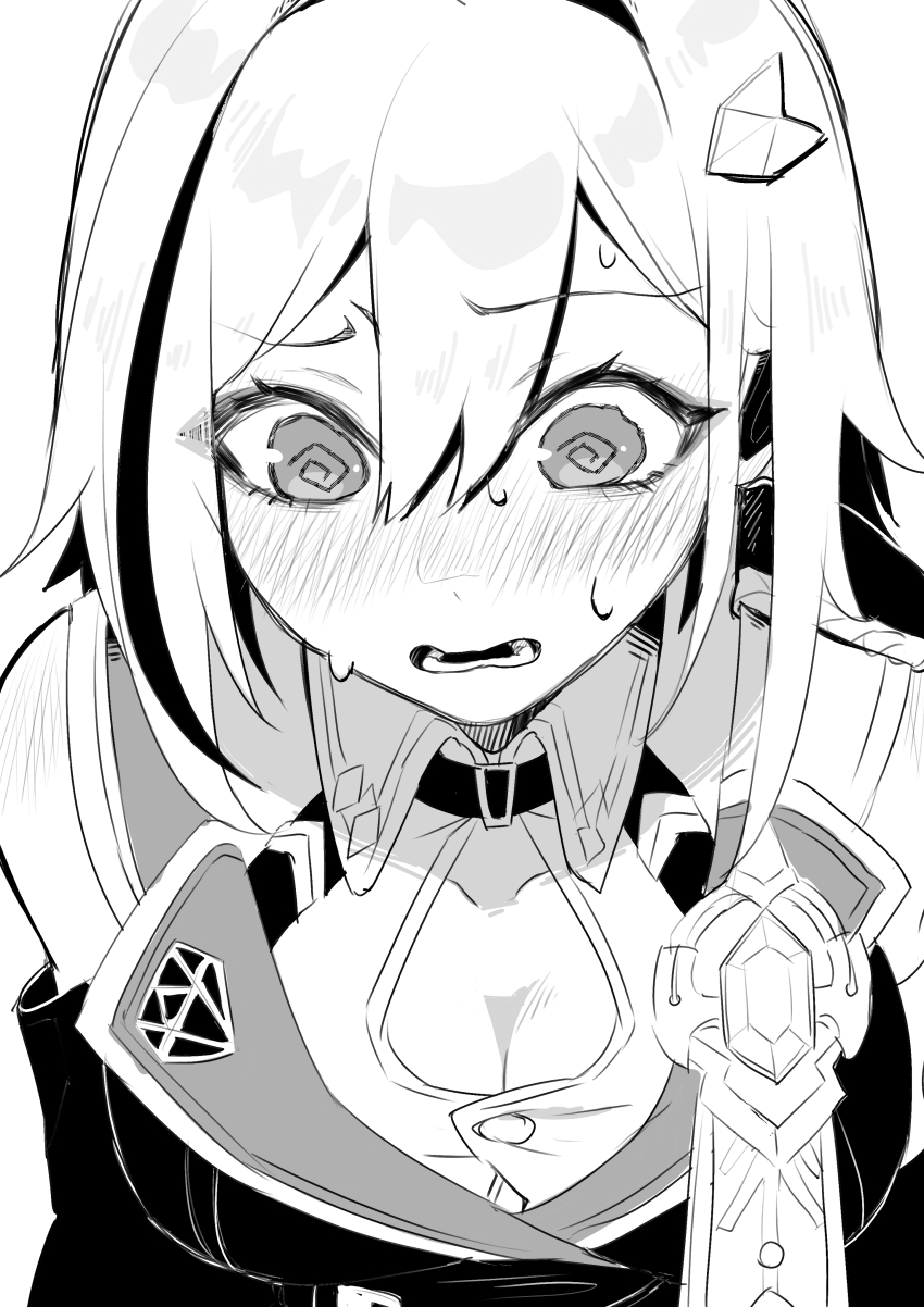 1girl, @_@, absurdres, blush, breasts, button_gap, chikushi_azu, cleavage