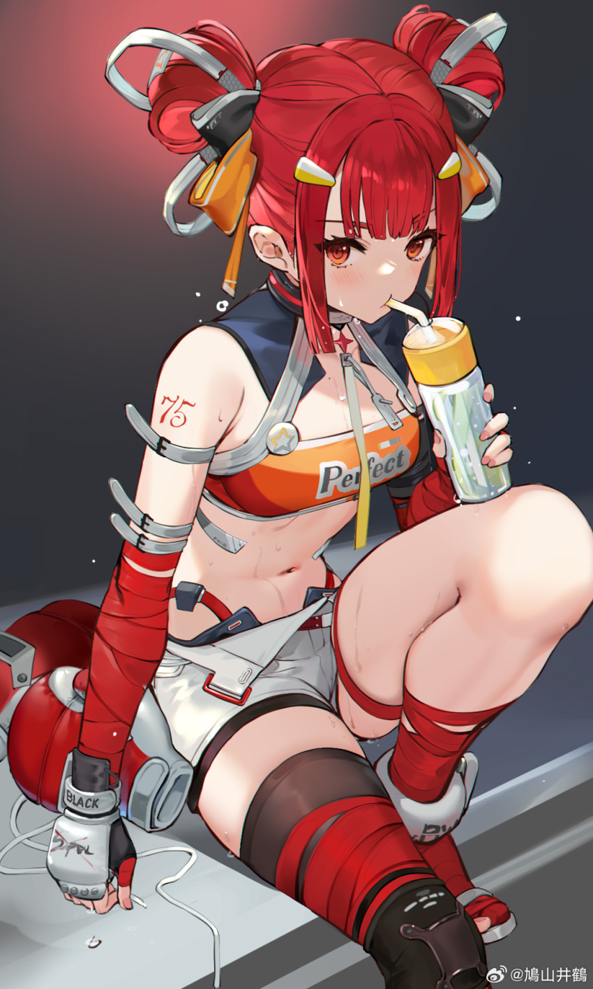 1girl, blush, bottle, breasts, chinese_commentary, commentary_request, cz75_(girls'_frontline), double_bun