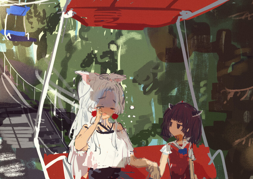 2girls, animal_ears, bare_shoulders, brown_eyes, brown_hair, chairlift, commentary_request, crying