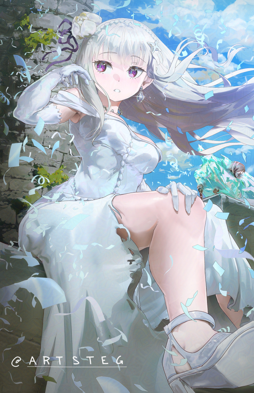 1girl, arm_up, bare_shoulders, blue_pupils, blue_sky, braid, breasts, cleavage, cloud, cloudy_sky, crown_braid, dress, earrings, elbow_gloves, elf, emilia_(re:zero), flower, frozen, full_body, gloves, hair_flower, hair_ornament, hair_ribbon, hand_on_own_knee, high_heels, highres, ice, jewelry, long_hair, looking_to_the_side, medium_breasts, monster, moss, open_mouth, outdoors, pointy_ears, purple_eyes, purple_ribbon, re:zero_kara_hajimeru_isekai_seikatsu, ribbon, rose, single_earring, sitting, sky, stegart, torn_clothes, torn_dress, twitter_username, wedding_dress, white_dress, white_flower, white_gloves, white_hair, white_rose, wind, x_hair_ornament