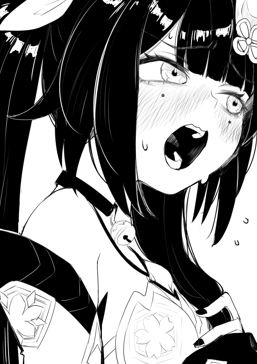 1girl, absurdres, averting_eyes, bell, blunt_bangs, blush, breasts, chikushi_azu