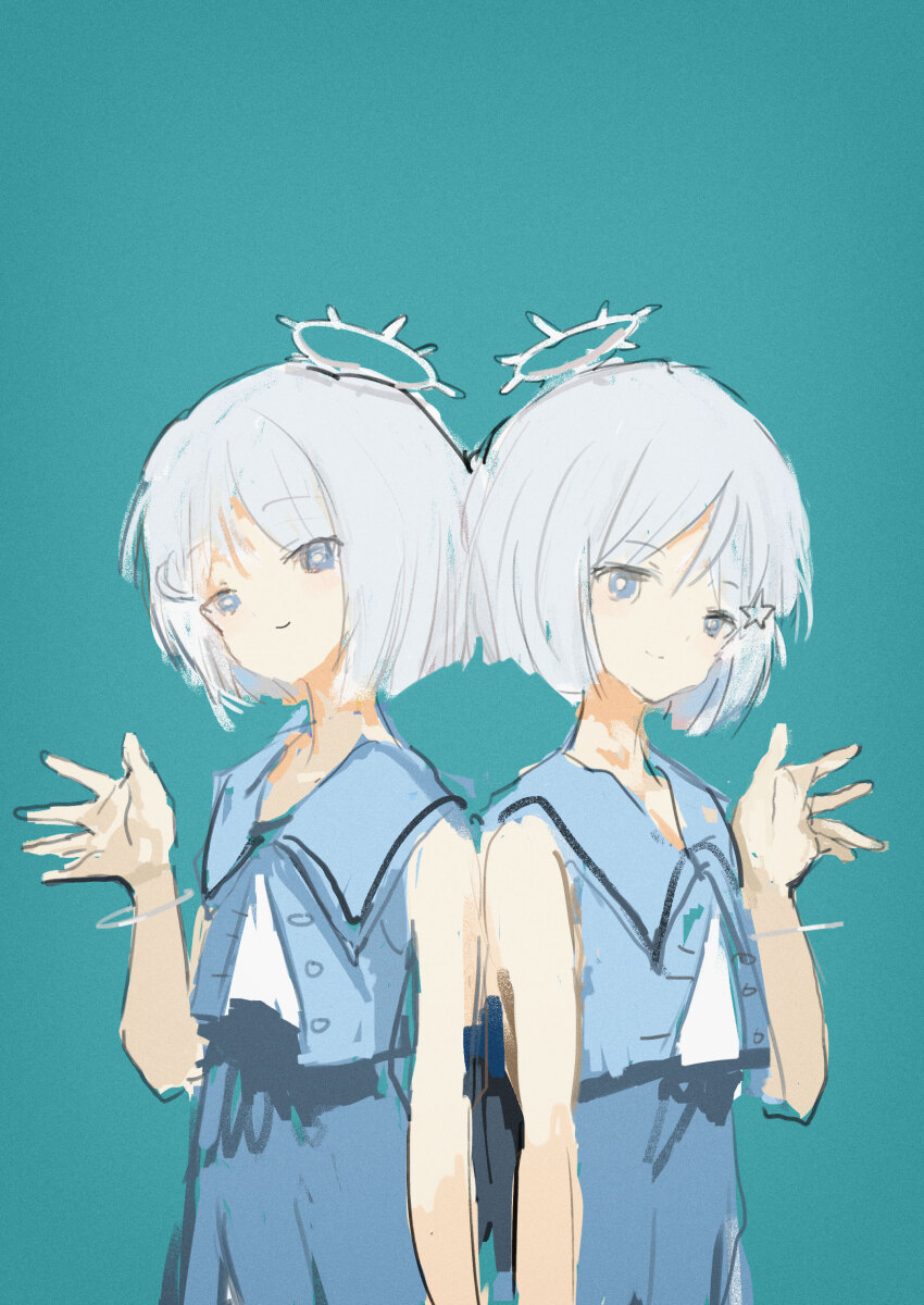 2girls, absurdres, aqua_background, blue_eyes, blue_skirt, blue_vest, closed_mouth, coeiroink