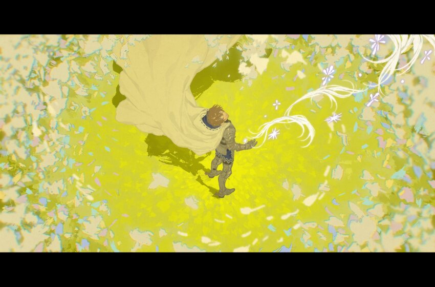 1boy, adventurer_(ff14), armor, brown_hair, cape, faulds, field, final_fantasy, final_fantasy_xiv, floating_cape, from_above, gauntlets, greaves, highres, hyur, letterboxed, looking_up, male_focus, paladin_(final_fantasy), pauldrons, short_hair, shoulder_armor, solo, standing, warrior_of_light_(ff14), white_cape, wide_shot, xevir3399