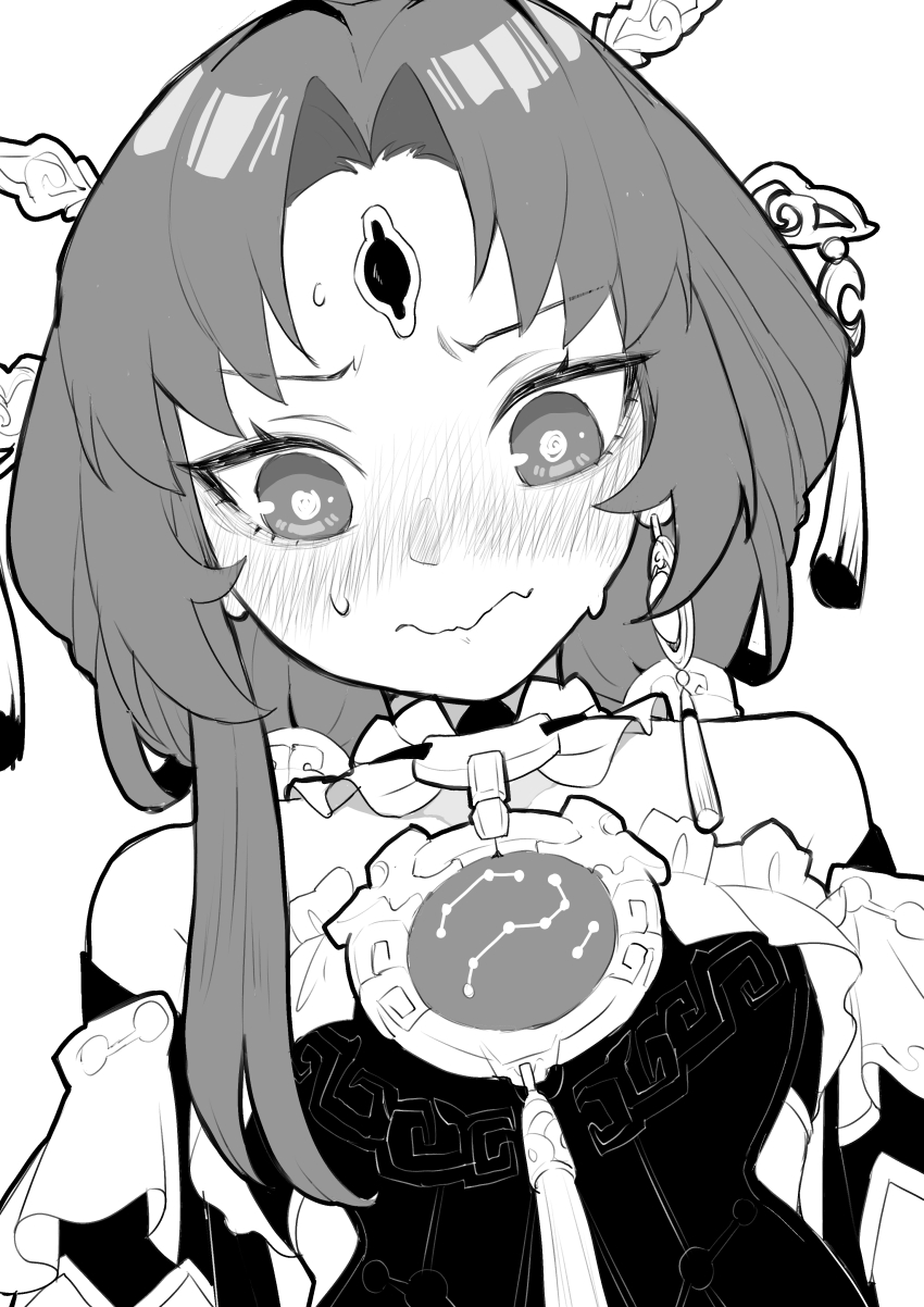 1girl, @_@, absurdres, asymmetrical_hair, averting_eyes, blush, breasts, chikushi_azu