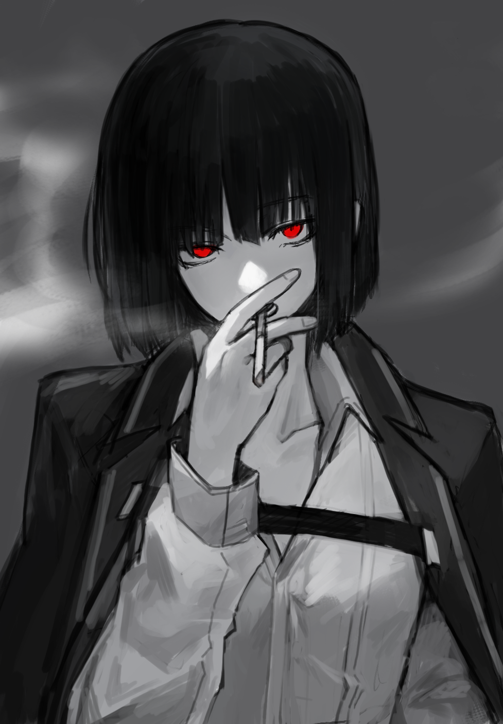 1girl, badnick69_(camchi), black_hair, bob_cut, collarbone, commentary_request, dress_shirt, grey_background