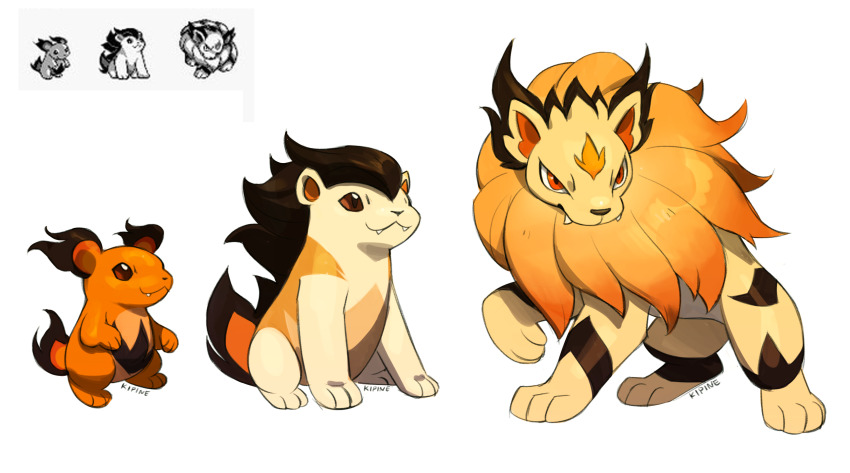 artist_name, closed_mouth, commentary, derivative_work, dynabear, english_commentary, evolutionary_line, fangs, full_body, highres, honooguma, kipine, lion, nintendo, no_humans, official_art_inset, pokemon, pokemon_(creature), pokemon_focus, pokemon_gold/silver/crystal_(prototype), prototype_design, side-by-side, simple_background, volbear, white_background