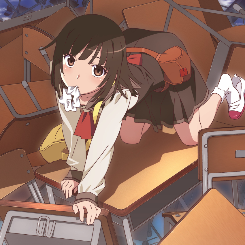 1girl, all_fours, ankle_socks, blush, brown_eyes, brown_hair, desk, meek_nadeko