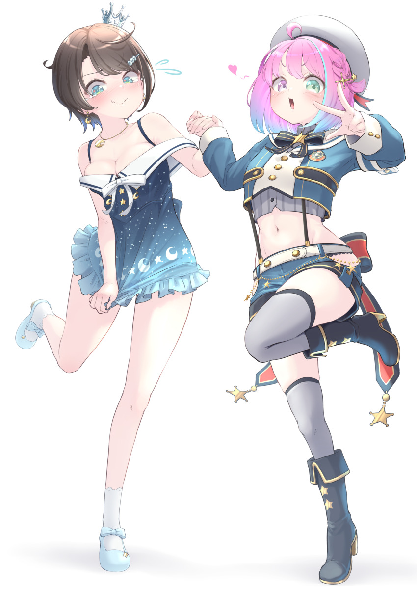 2girls, absurdres, ahoge, beret, black_boots, blue_dress, blue_eyes, blue_hair