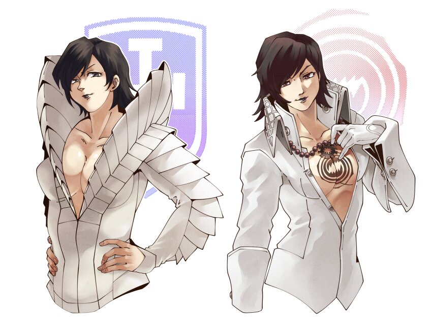 >:), 1girl, absurdres, bead_necklace, beads, black_hair, black_lips, blue_eyes