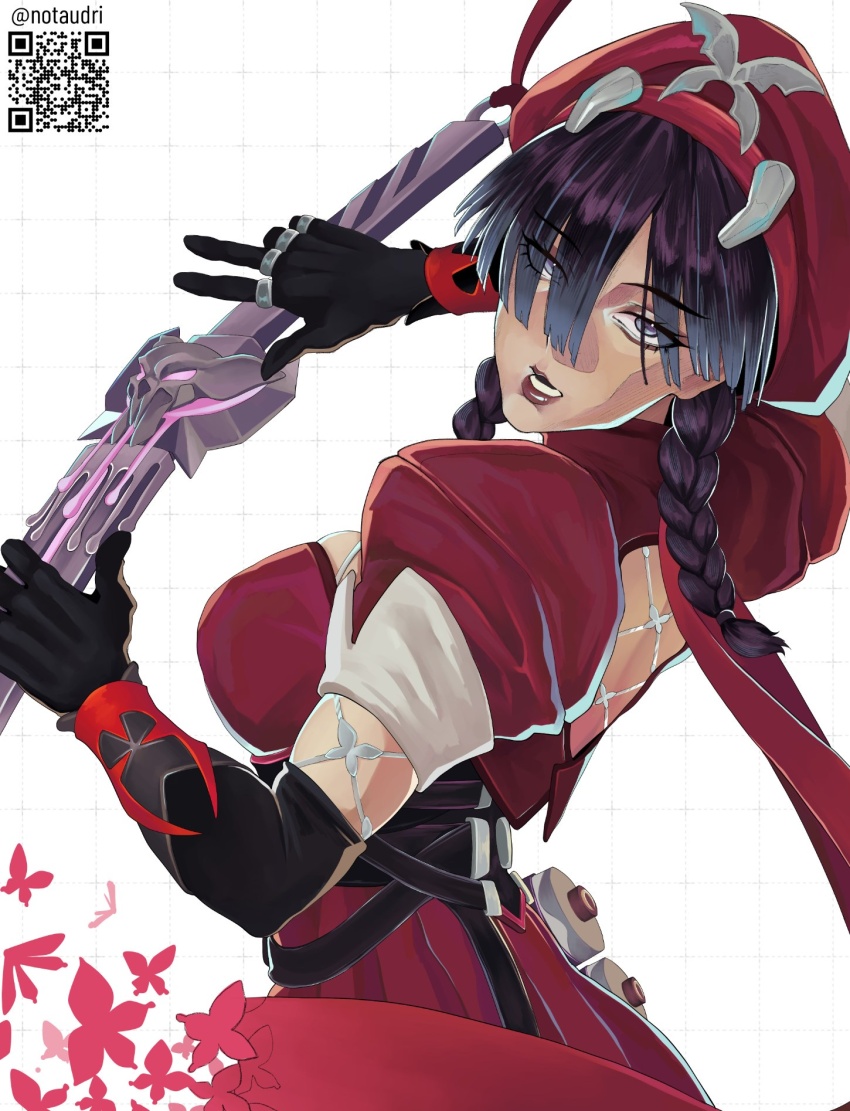 1girl, black_gloves, black_hair, blue_eyes, braid, breasts, bug, butterfly