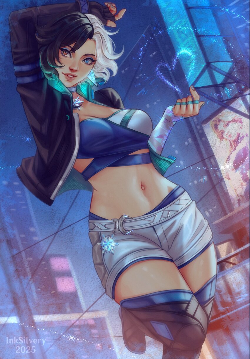 1girl, black_hair, black_jacket, blue_eyes, breasts, choker, crop_top, fantastic_four, fingerless_gloves, gloves, heart, heterochromia, highres, inksilvery, jacket, looking_at_viewer, luna_snow, marvel, marvel_rivals, midriff, multicolored_hair, navel, short_hair, shorts, smile, solo, split-color_hair, sue_storm, two-tone_hair, white_hair