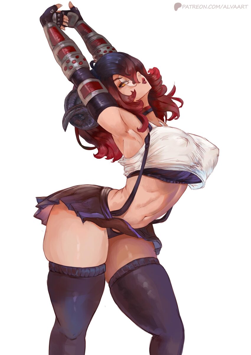 1girl, absurdres, adc_vr, alva_(artofalva), arms_up, black_bra, black_hair, black_panties