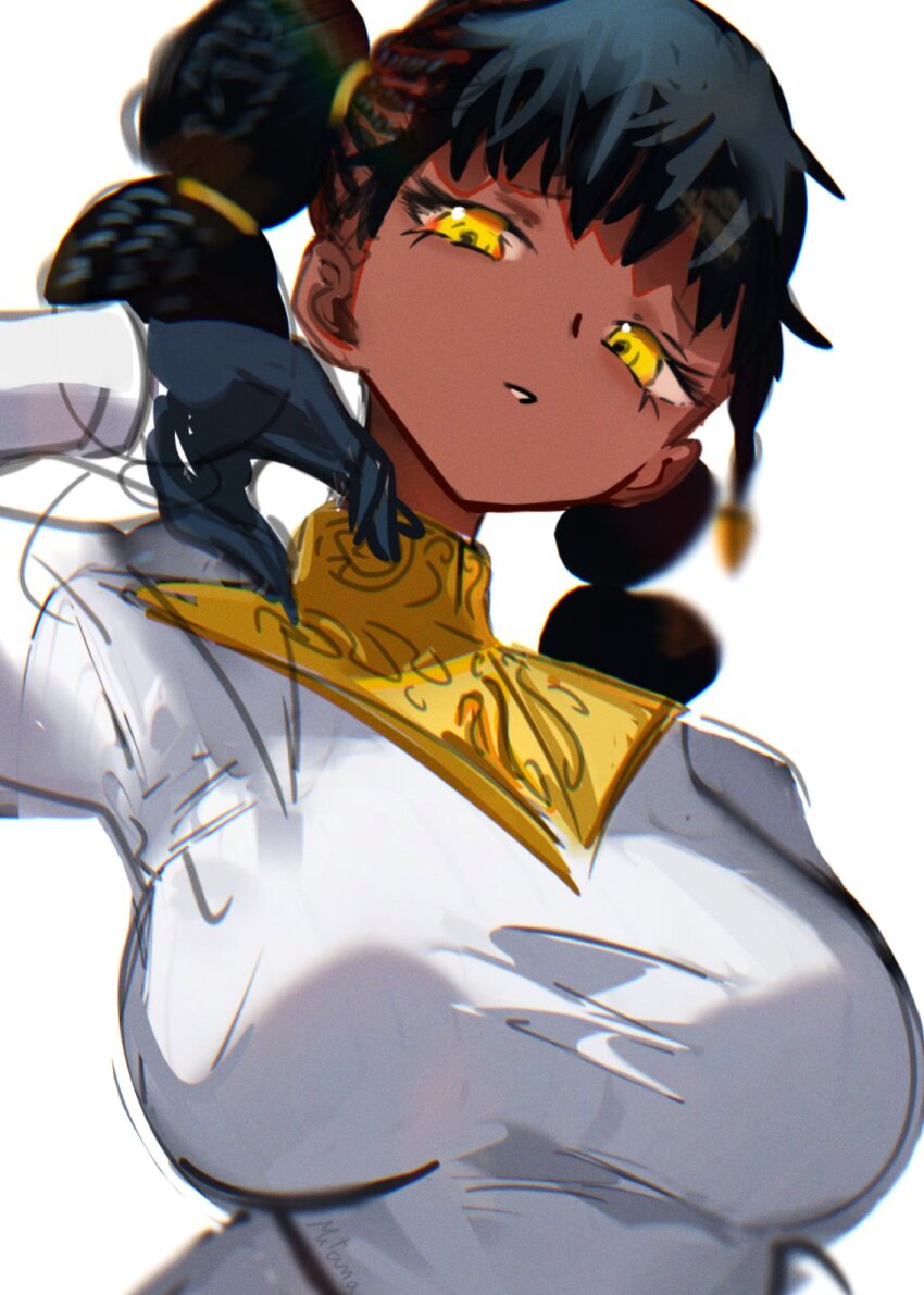 1girl, afro_puffs, black_hair, blunt_bangs, breasts, dark-skinned_female, dark_skin, desscaras, earrings, highres, holding, jewelry, large_breasts, long_hair, long_sleeves, looking_at_viewer, madan_no_ichi, mitanaartworks, open_mouth, simple_background, sketch, twintails, very_dark_skin, white_background