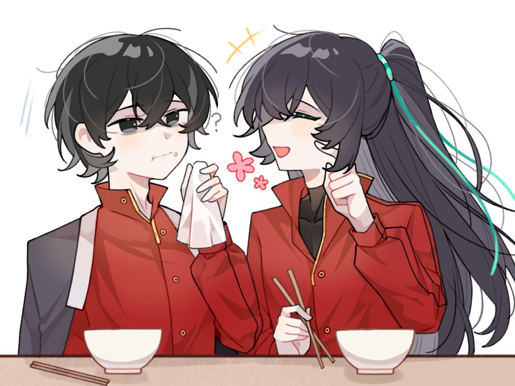 2boys, ?, aqua_ribbon, black_coat, black_eyes, black_hair, bowl, chinese_commentary