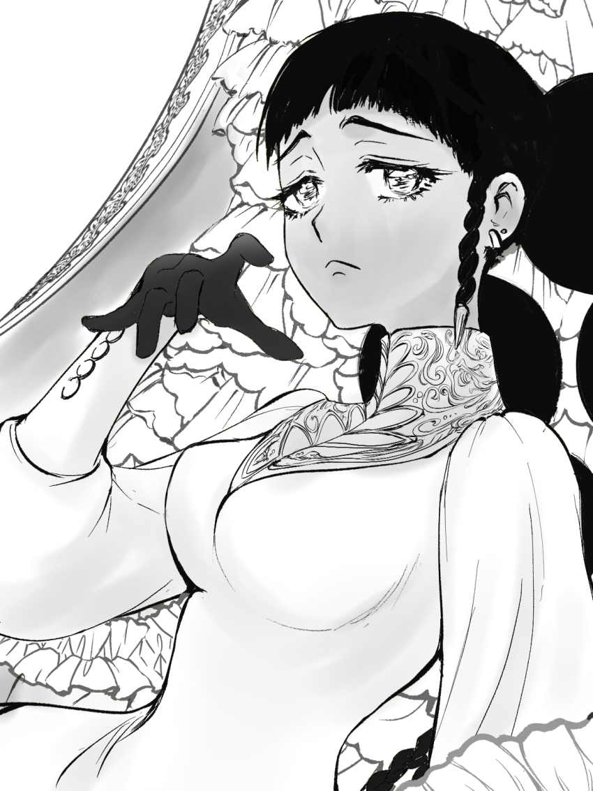 1girl, afro_puffs, black_gloves, black_hair, blunt_bangs, breasts, dark-skinned_female, dark_skin