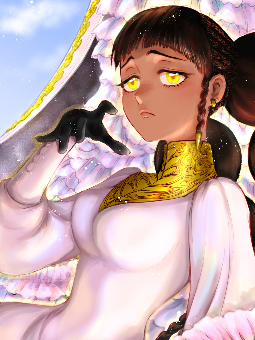 1girl, afro_puffs, black_gloves, black_hair, blunt_bangs, breasts, dark-skinned_female, dark_skin, desscaras, dress, earrings, frown, gloves, goekakisan_(adelma), highres, holding, jewelry, long_hair, long_sleeves, looking_at_viewer, madan_no_ichi, medium_breasts, puffy_sleeves, solo, twintails, upper_body, white_dress