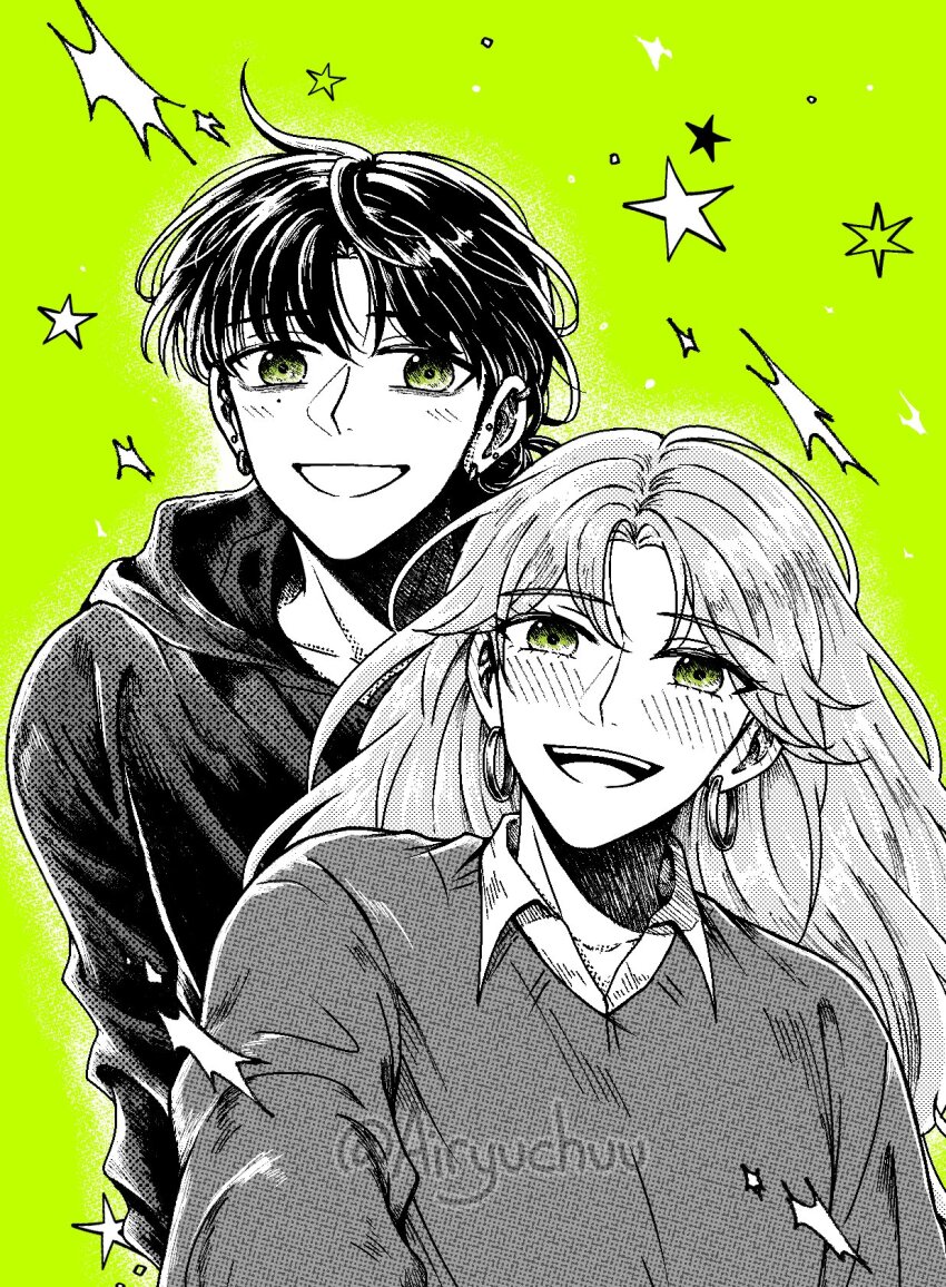 2girls, :d, behind_another, blush, collared_shirt, commentary, ear_piercing, earrings