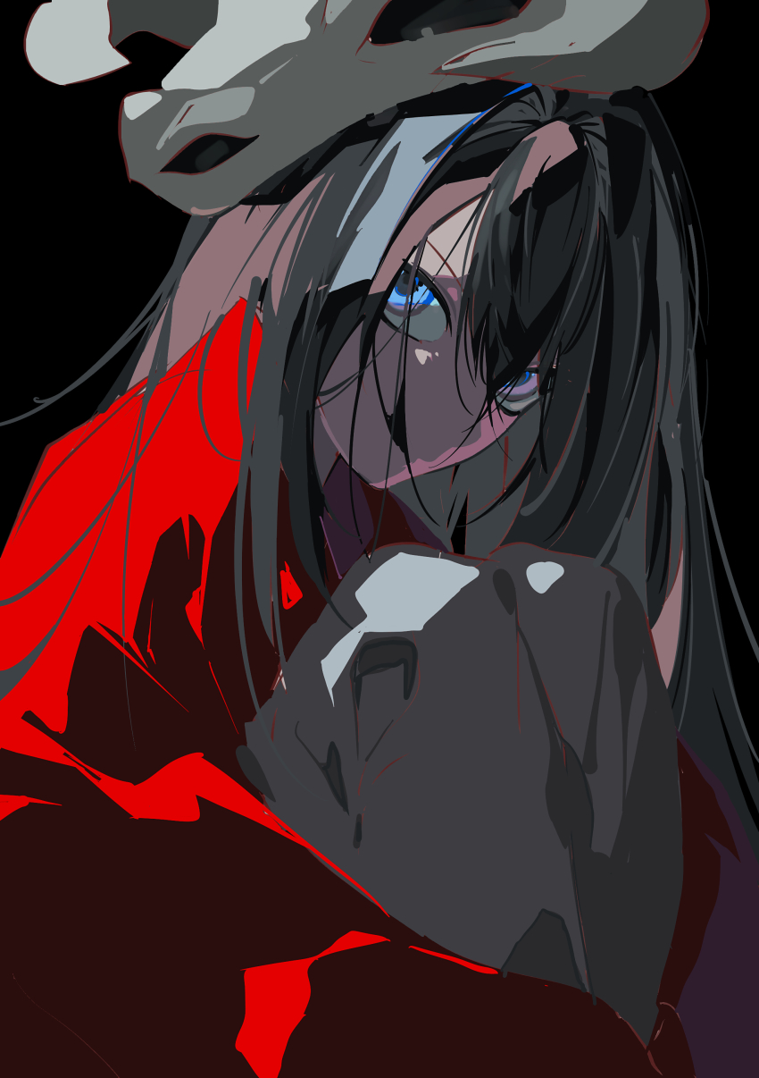 1boy, absurdres, black_background, black_hair, blue_eyes, chinese_clothes, covered_mouth, hanfu