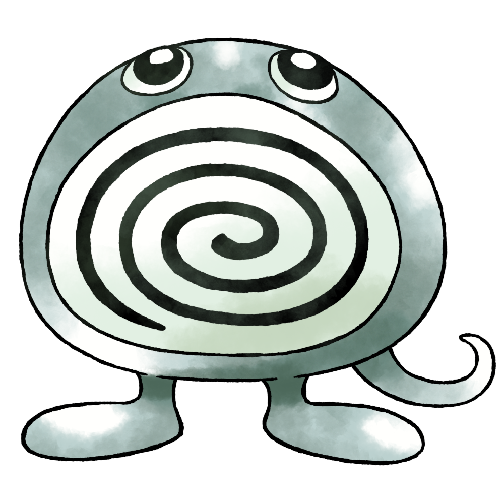 derivative_work, full_body, gen_1_pokemon, grey_theme, nintendo, no_humans, no_mouth, no_nose, pokemon, pokemon_(creature), pokemon_focus, pokemon_red/green/blue/yellow_(prototype), poliwag, prototype_design, raciebeep, simple_background, solo, standing, straight-on, sugimori_ken_(style), swirl, tail, transparent_background, wall-eyed, watercolor_effect